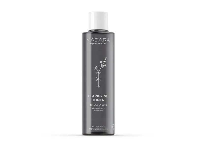 Mádara Clarifying Toner -kasvovesi, joka sisältää salisyylihappoa, huokosia avaavia ja epäpuhtauksia ehkäiseviä ominaisuuksia.