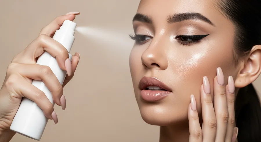 Nuori nainen suihkuttaa setting spray'ta kasvoilleen, tarjoaa raikasta ja kiiltävää ilmettä.